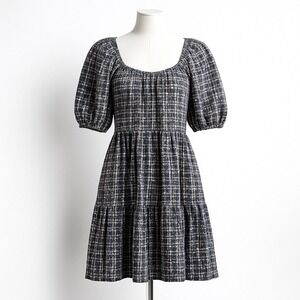 Black White Plaid Check Puff Sleeve Square Neck Midi Dress S‎ Cottagecore Preppy